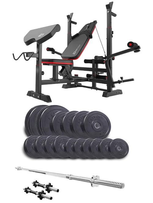 Набор Elitum Titan 68кг со скамьей HS-1075 Pro, штангой и гантелями